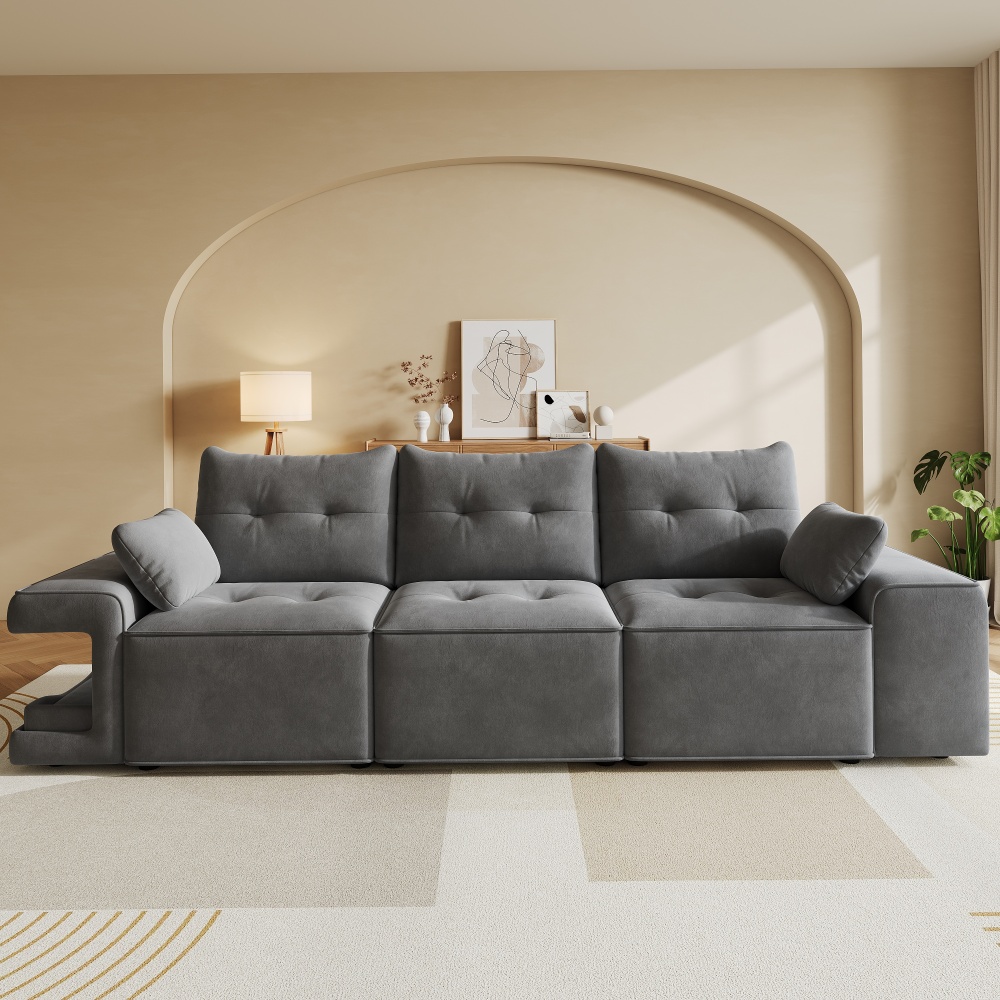 Sofá modular em veludo cinzento 3 lugares com arrumação e nichos animais