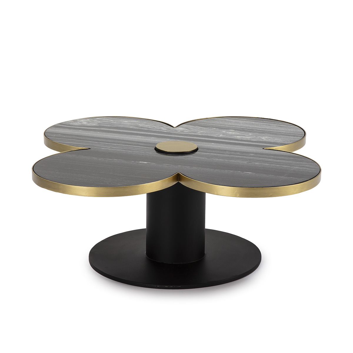 Mesa de centro 91x91x33 em granito preto, metal dourado, preta