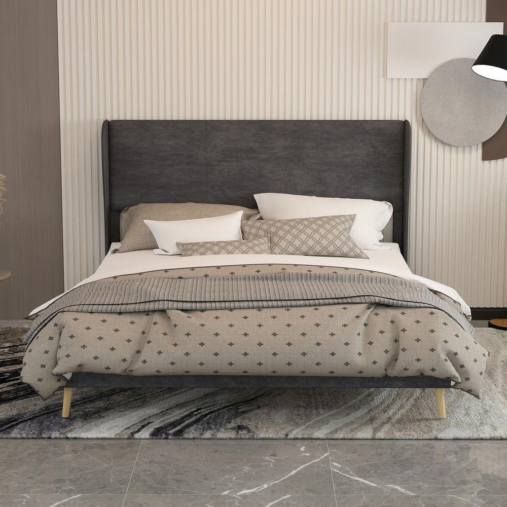 Cama 160x200cm cinzenta com estrutura baixa e cabeceira para adultos