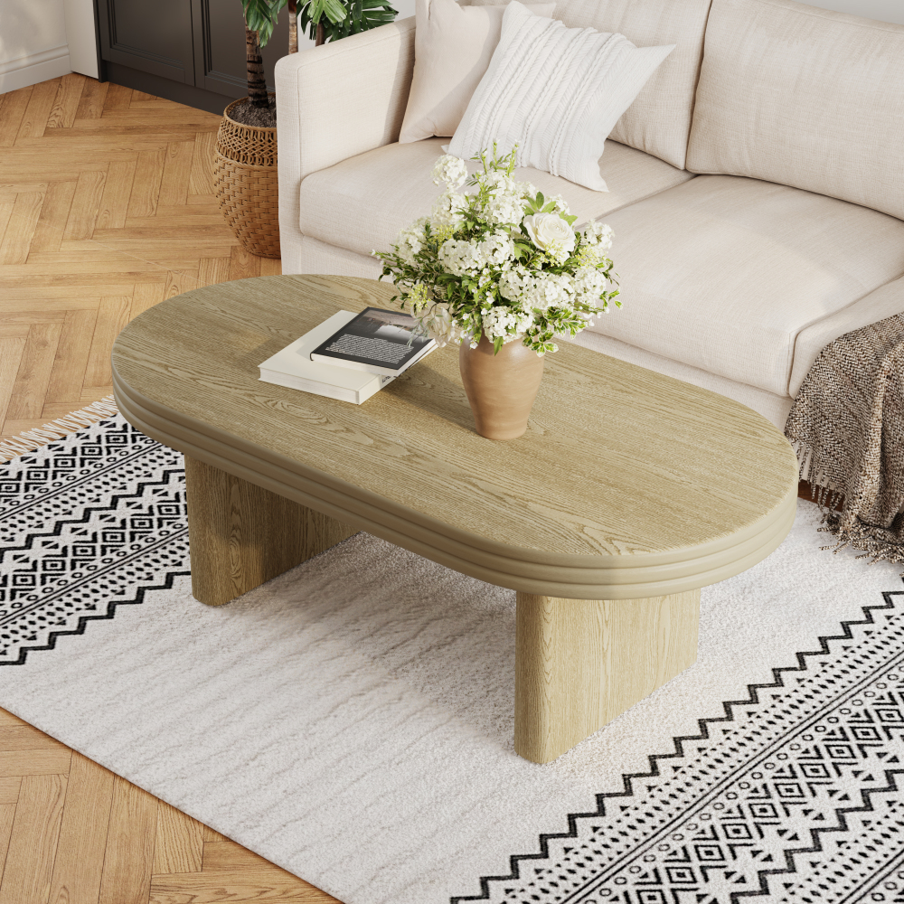 Mesa de centro oval para sala mdf natural 41,5x120x60cm
