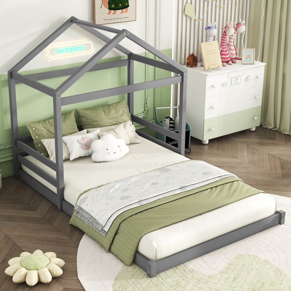 Cama casinha 140x200cm com estrado madeira de pinheiro cinzento