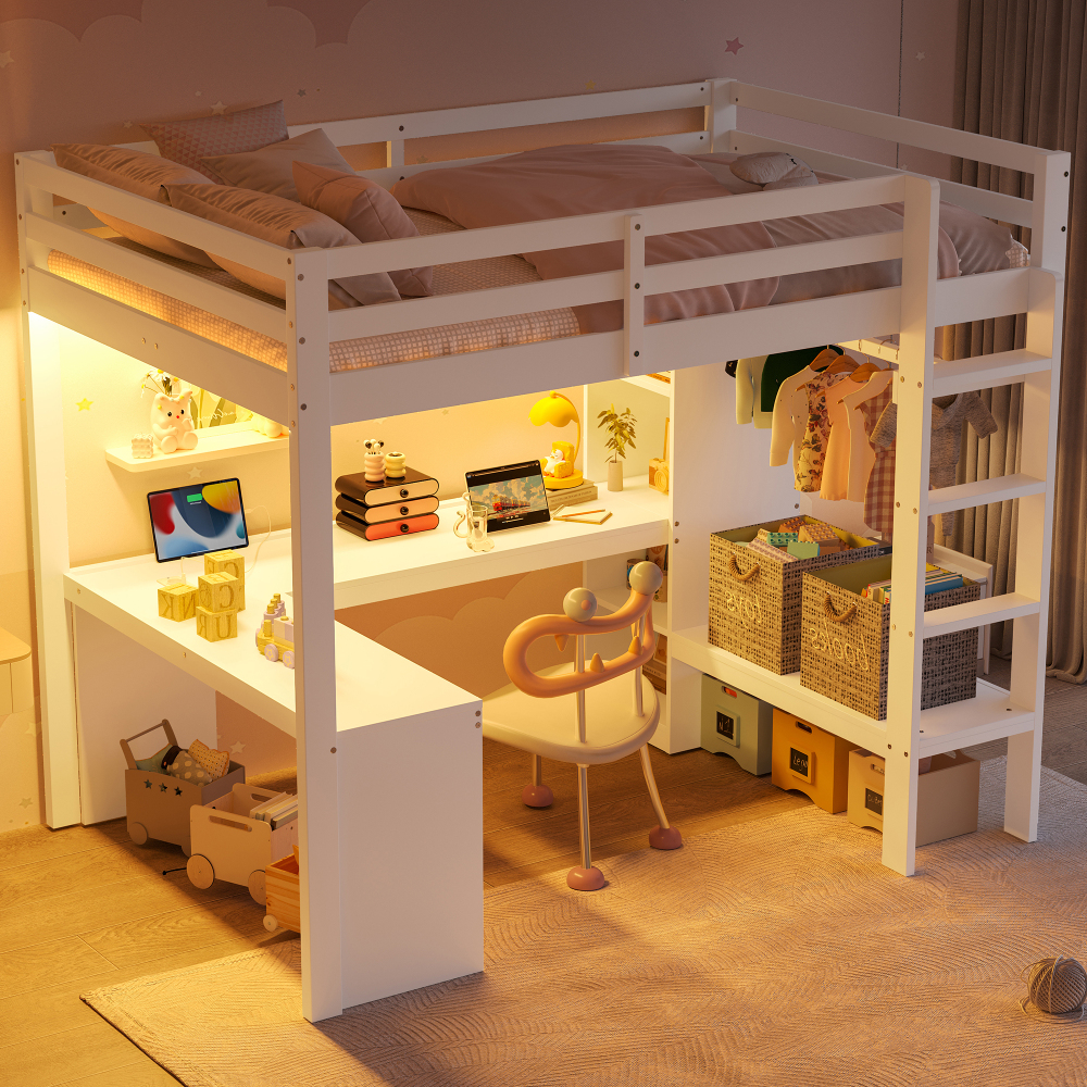 Cama alta 140x200cm com secretária e arrumação madeira e mdf – branco