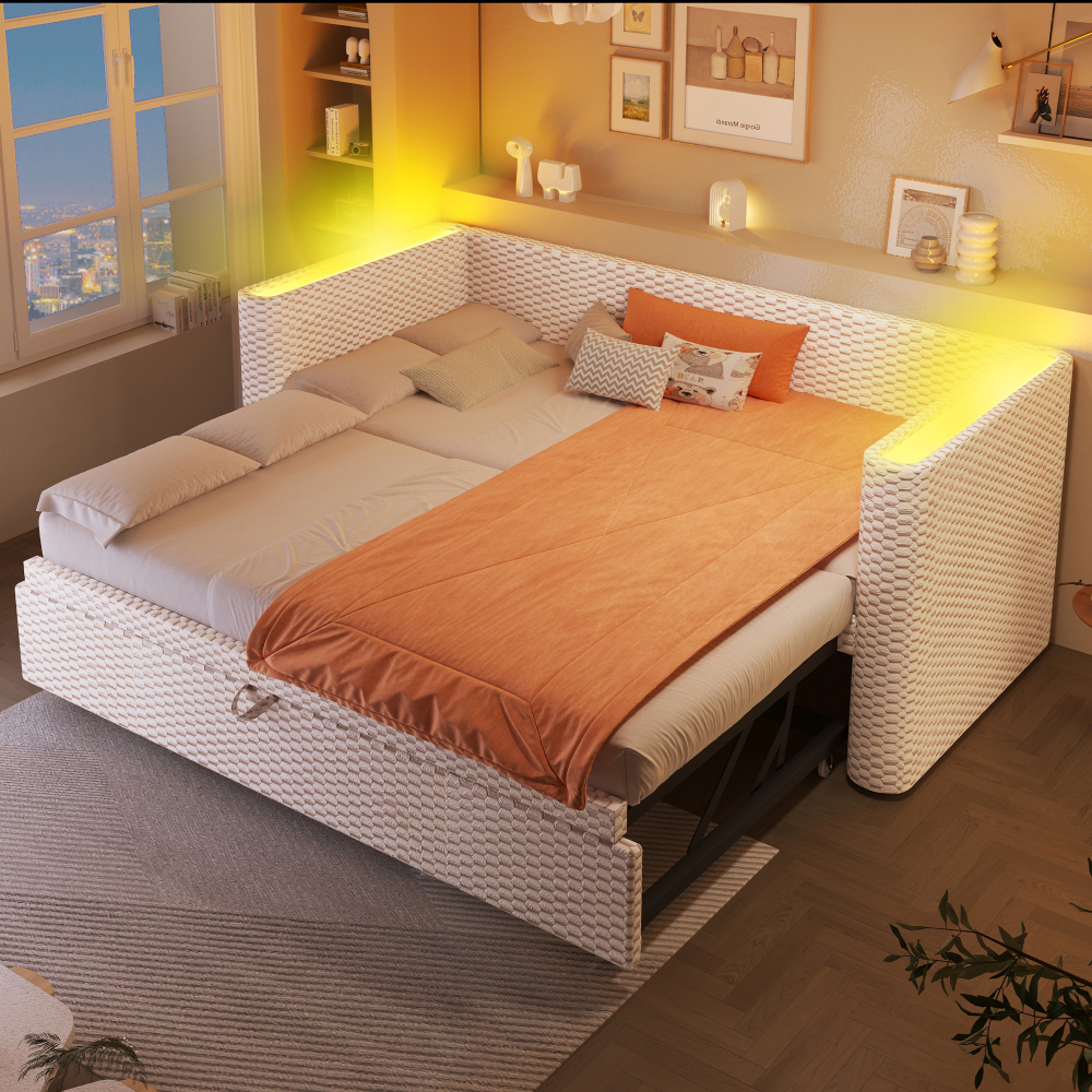 Sofá cama extensível em veludo bege 90x200 cm com LED