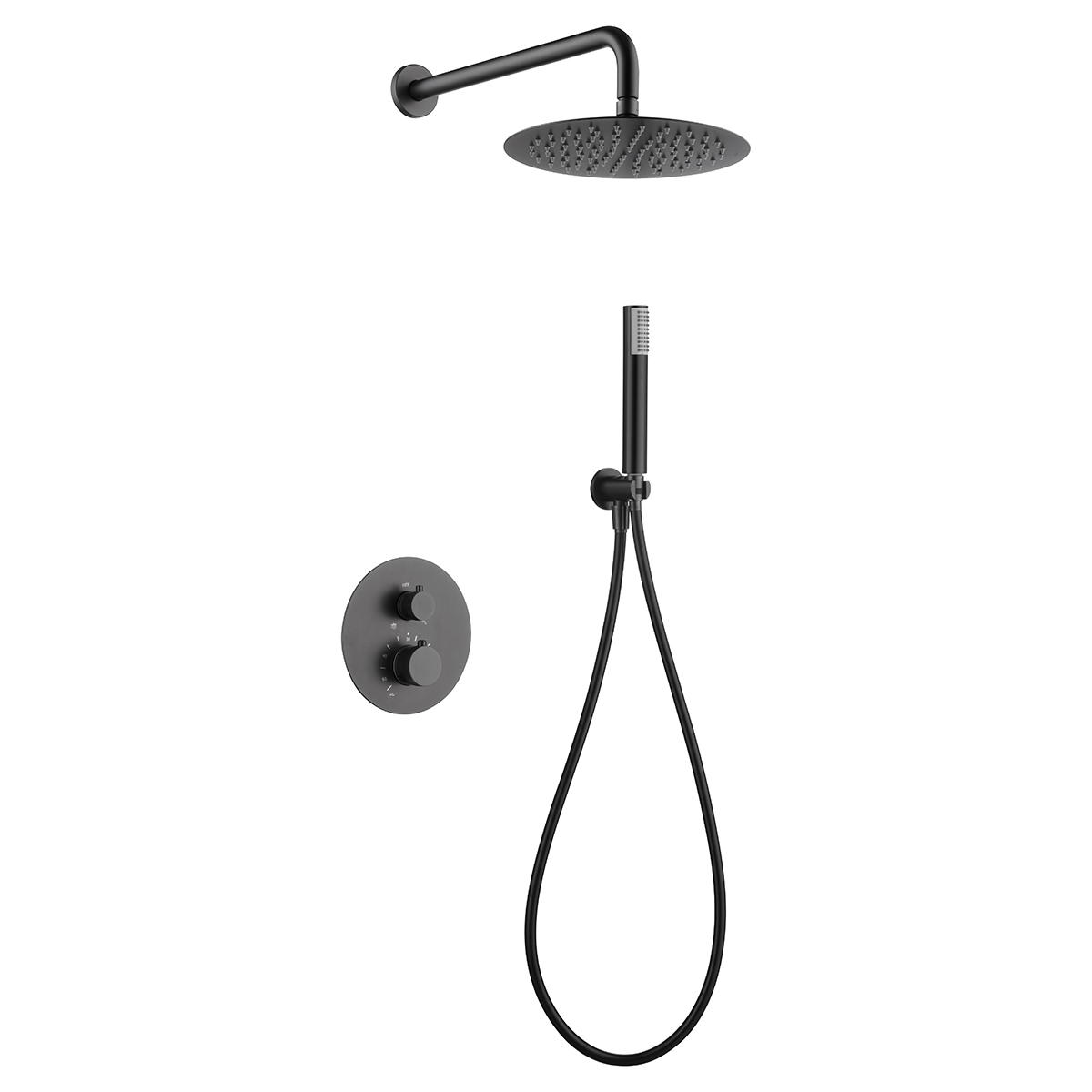 Kit duche termostático embutido preto aço e latão pvd ø25 com mangueira