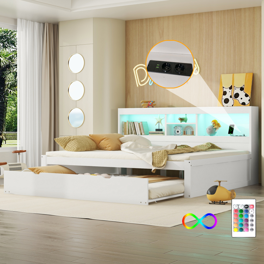 Cama divã com cama extensível 140 x 200 cm com LED usb e arrumação branca