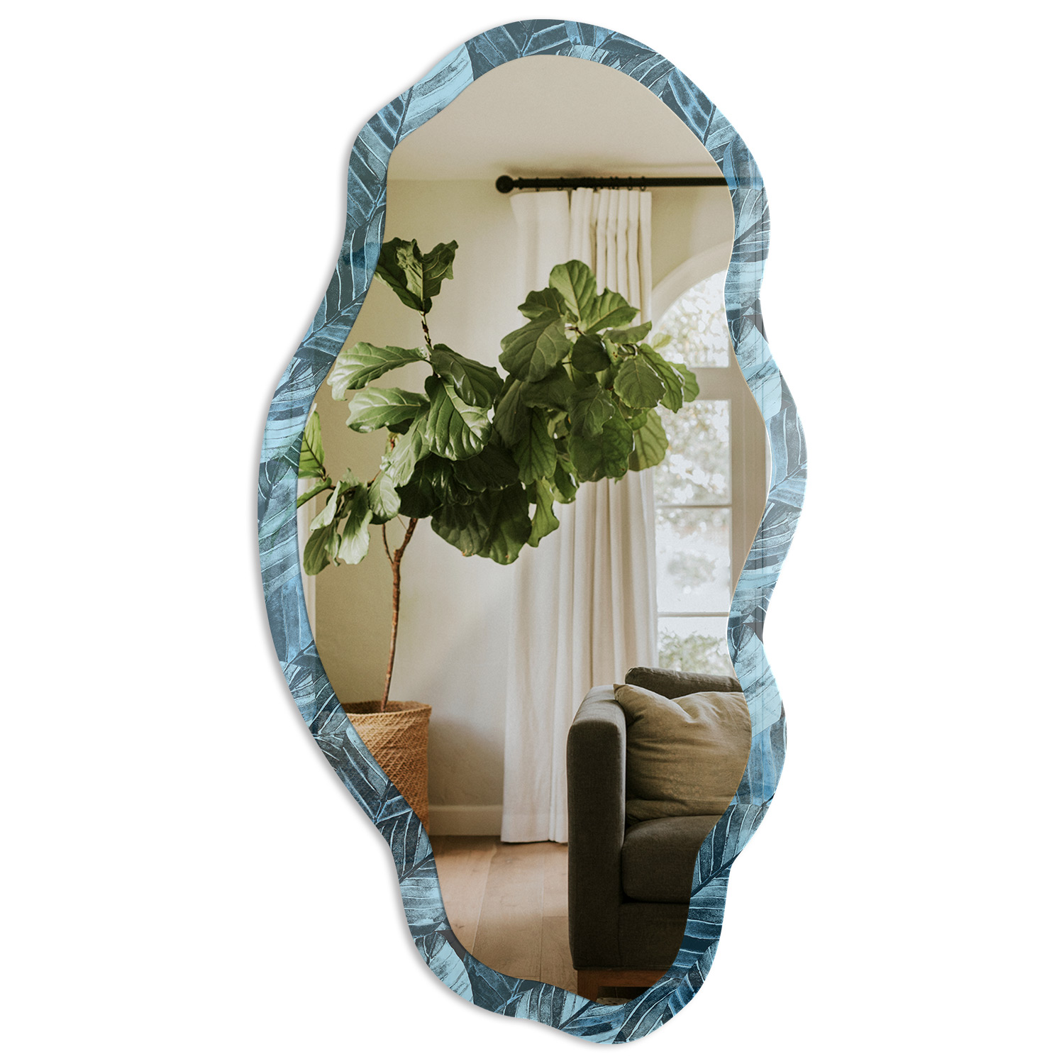 Espelho irregular com moldura 52x97-45x90 folhas azuis tulup