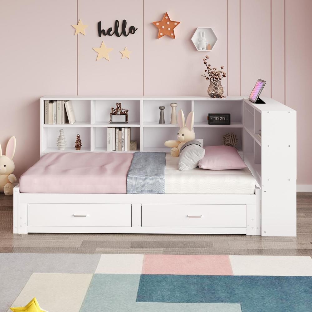 Sofá-cama em madeira 90x190, extensível 180x190, com gavetas, branco