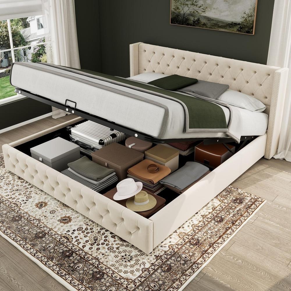 Cama de casal com arrumação hidráulica, 160x200cm, cor bege