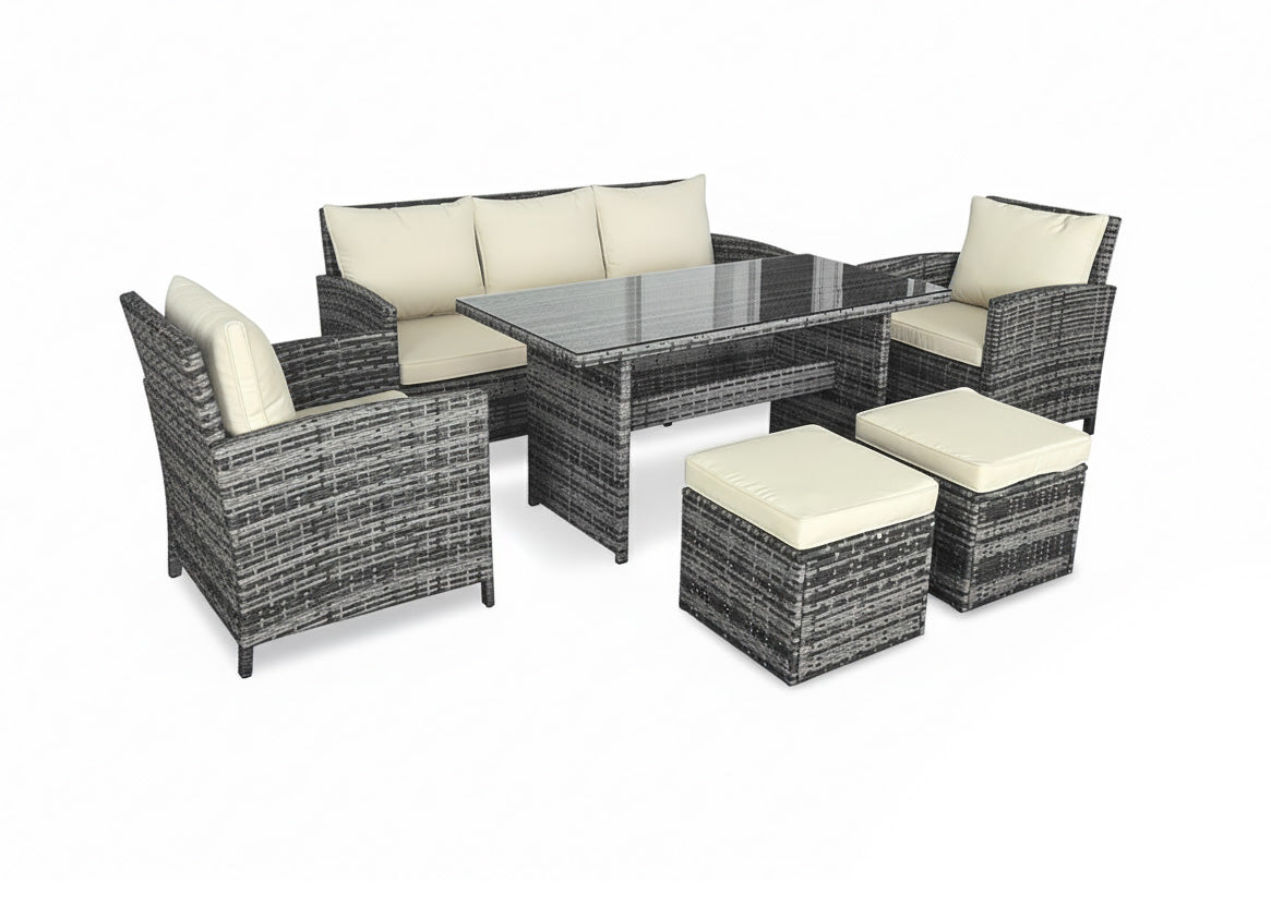 Conjunto de sofá de 3 lugares + 2 cadeiras + mesa + 2 pufes em rattan pe.