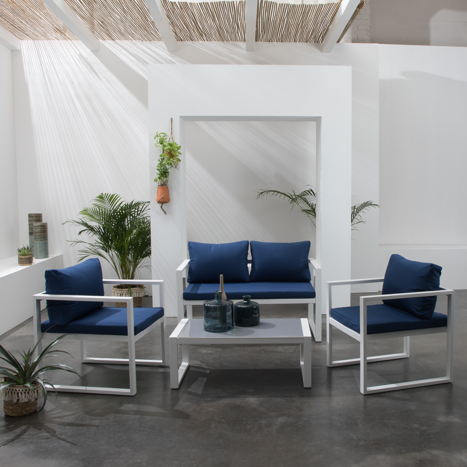 Ibiza mobiliário de jardim em tecido azul 4 lugares - alumínio branco