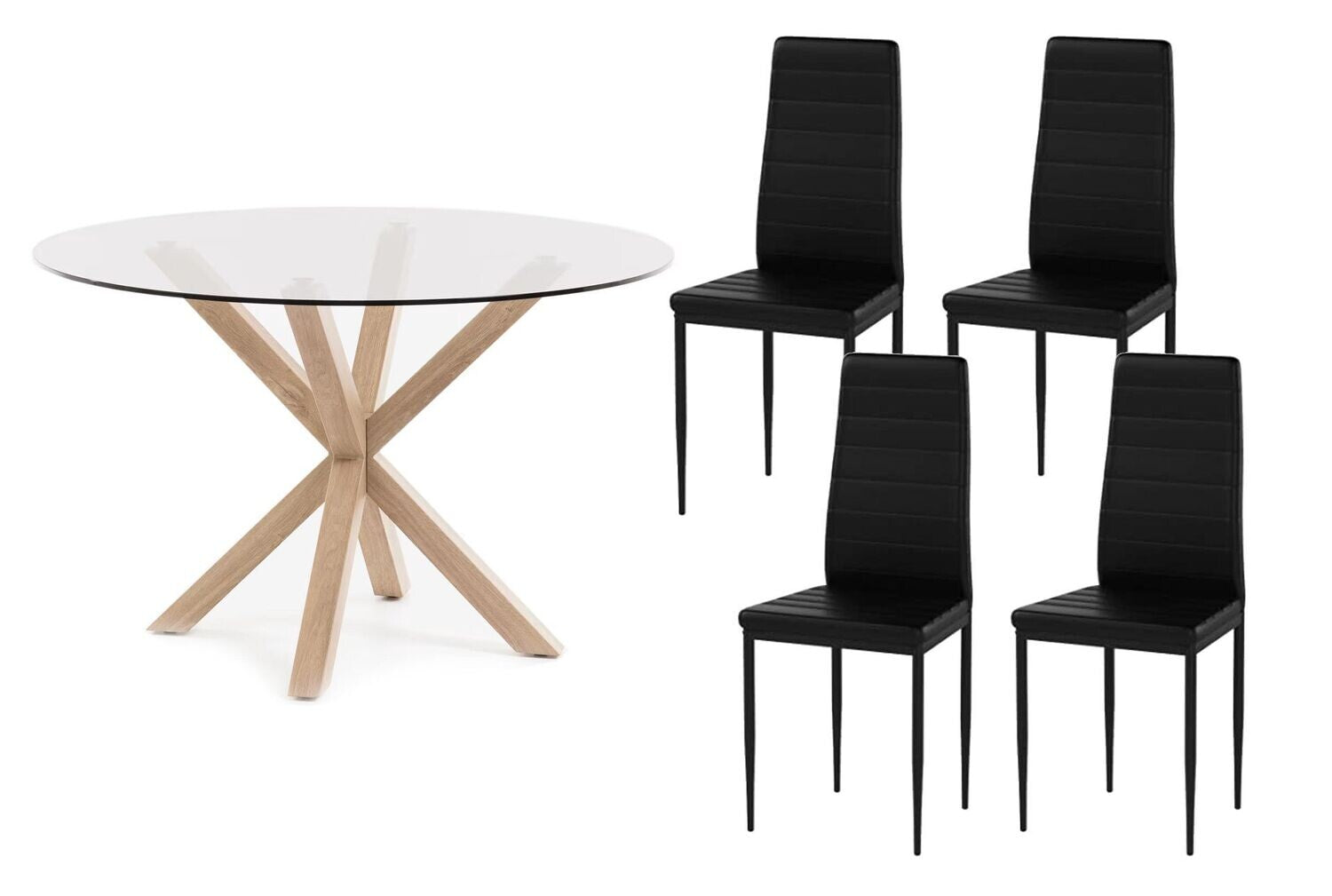 Conjunto mesa redonda em vidro temperado 120cm + 4 cadeiras couro