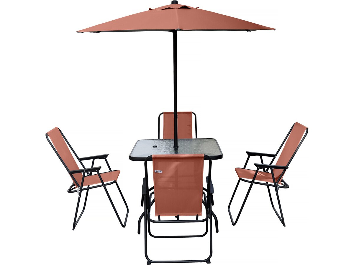 Mesa e cadeiras de jardim com guarda-sol de metal <<convivia>> - 4 lugares