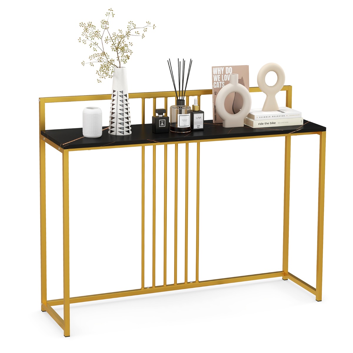 Console de mesa 120 x 32 x 89 cm com tampo em falso mármore e estrutura