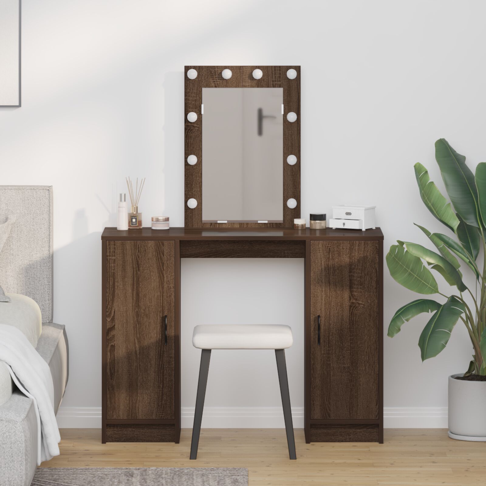 Mesa de maquiagem com luzes LED castanho carvalho 102x33x135 cm wf260243