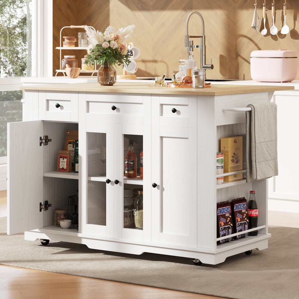 Ilha de cozinha com tampo dobrável e arrumação branco e natural