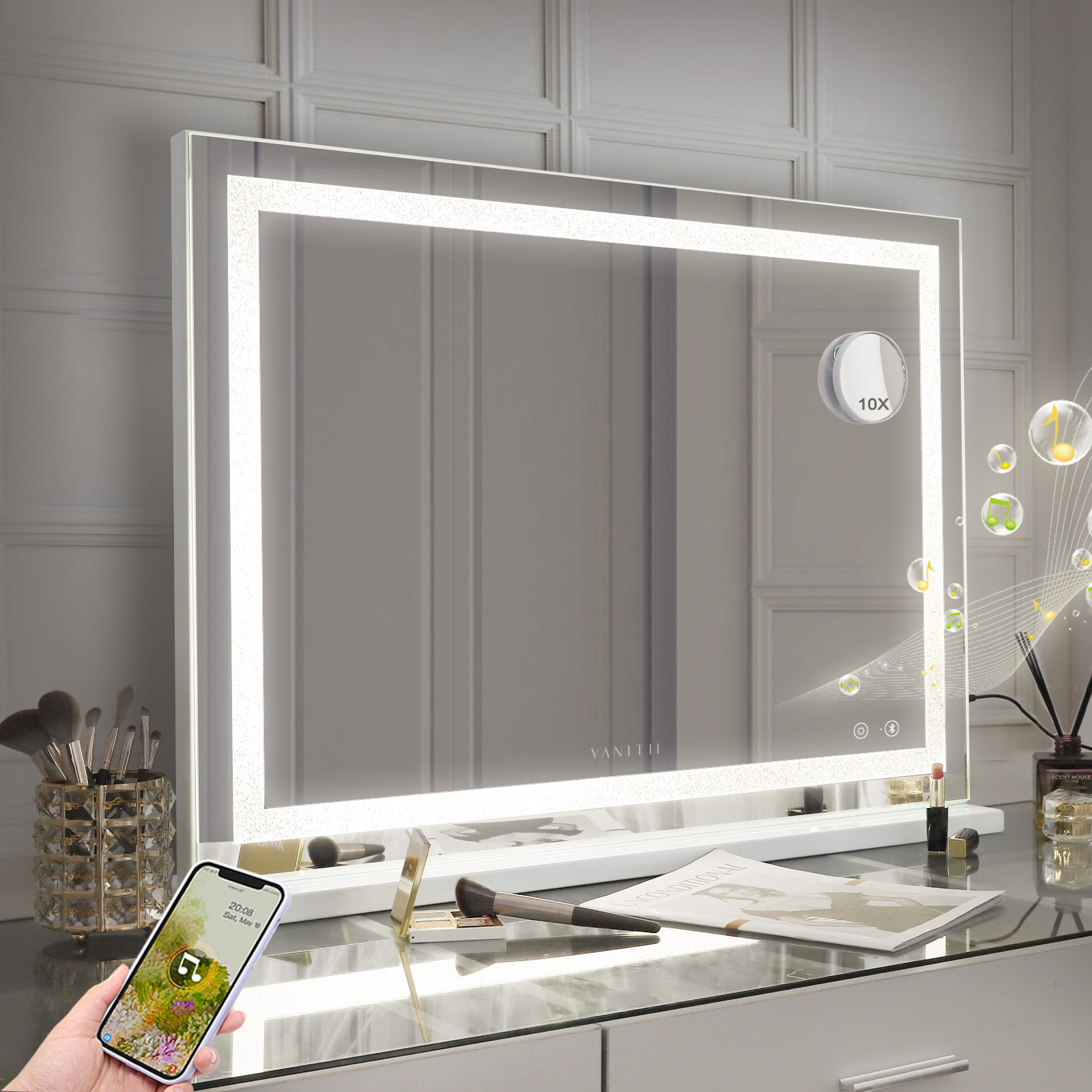 VANITII Espelho maquiagem com luz bluetooth toucador parede branco 80x58 cm