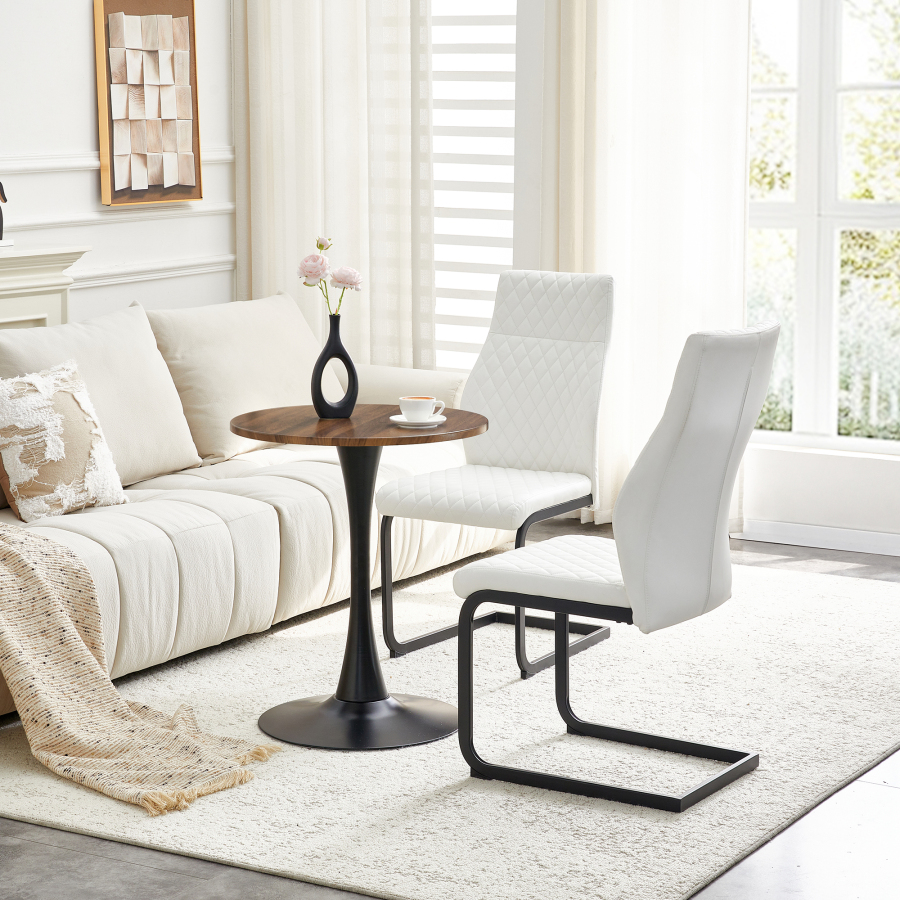 Conjunto mesa redonda 60 cm e 2 cadeiras de jantar em mdf castanho e branco