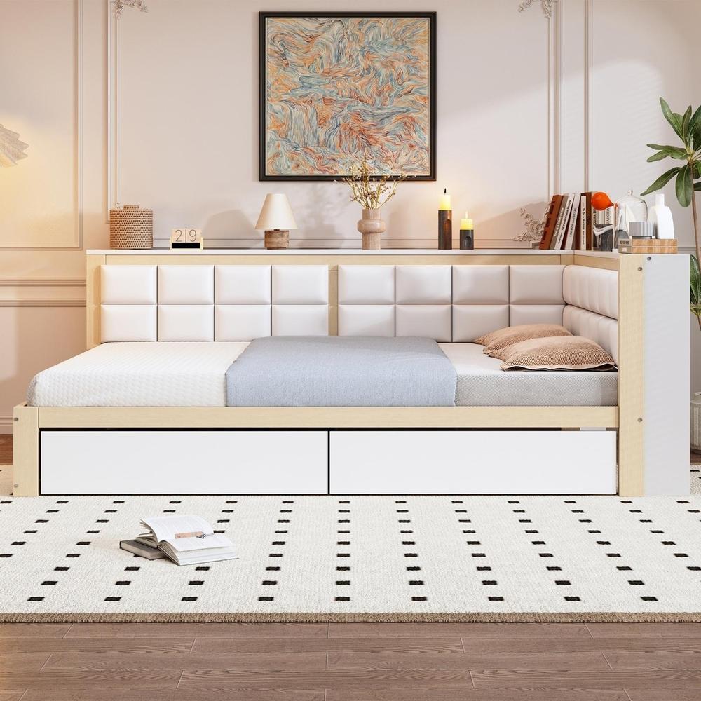 Cama madeira 140x200cm com gaveta arrumação e cabeceira acolchoada