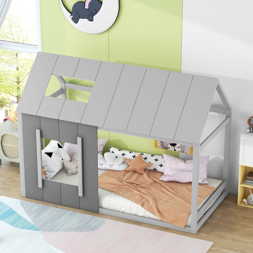 Cama casinha 90x200cm com telhado e janela madeira de pinheiro – cinzento