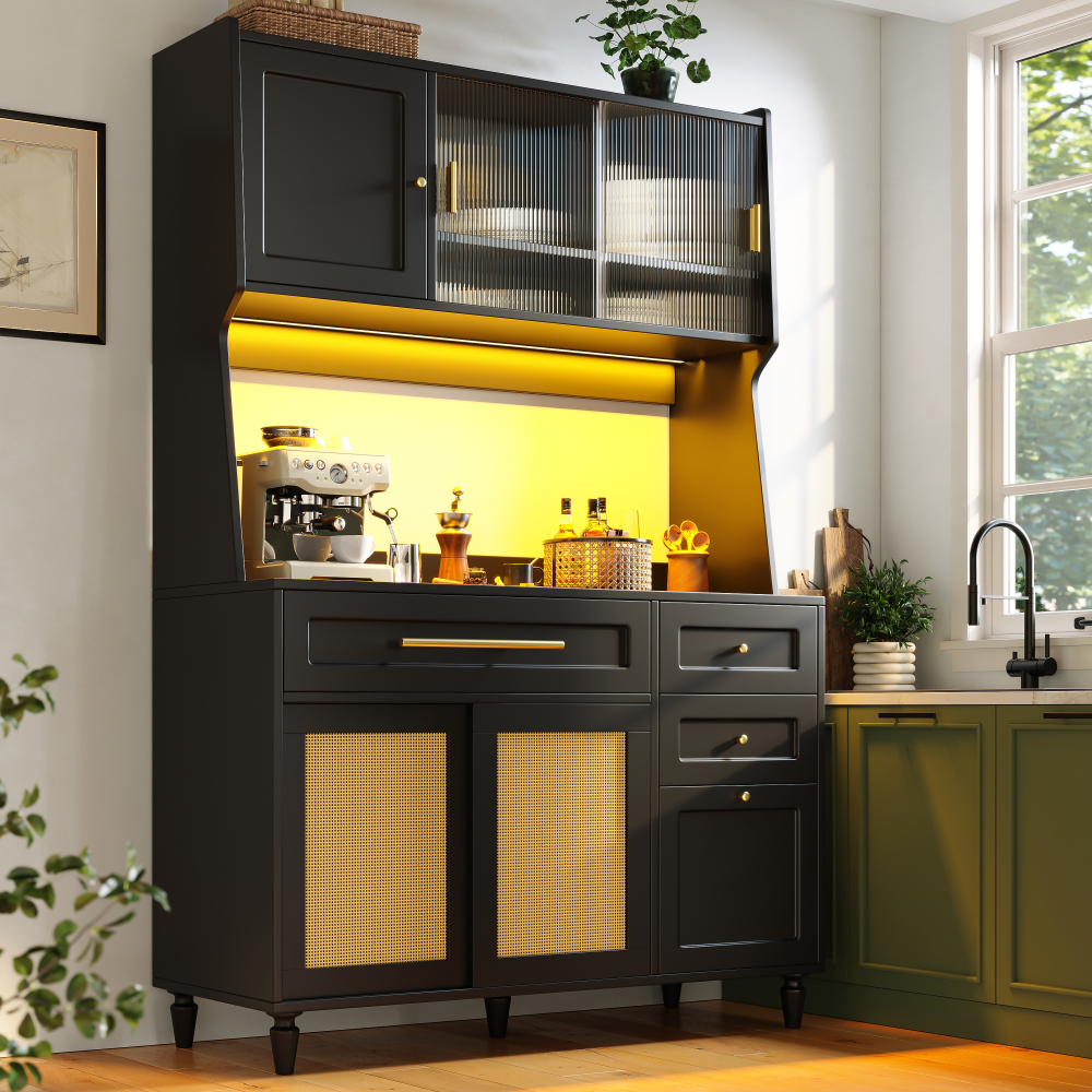 Armário alto de cozinha com LED e 3 gavetas em mdf preto 120x45x195,5 cm
