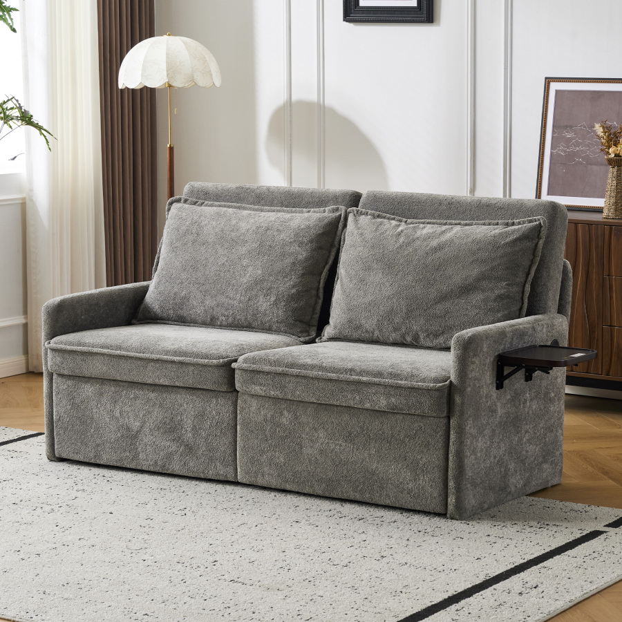 Sofá-cama dobrável 3 em 1 em chenille cinzento com usb e arrumação