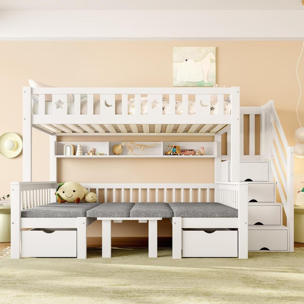 Cama alta infantil 90x200cm com secretária, escada e gaveta branca
