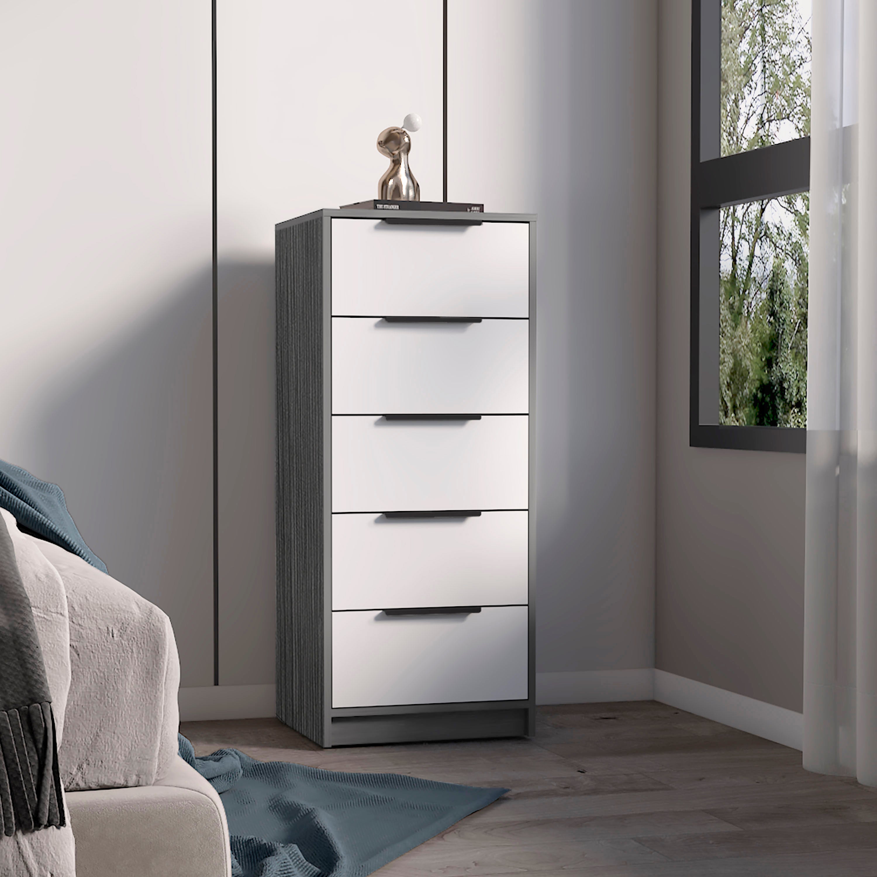 Cómoda kaia em melamina com 5 gavetas com calhas metálicas