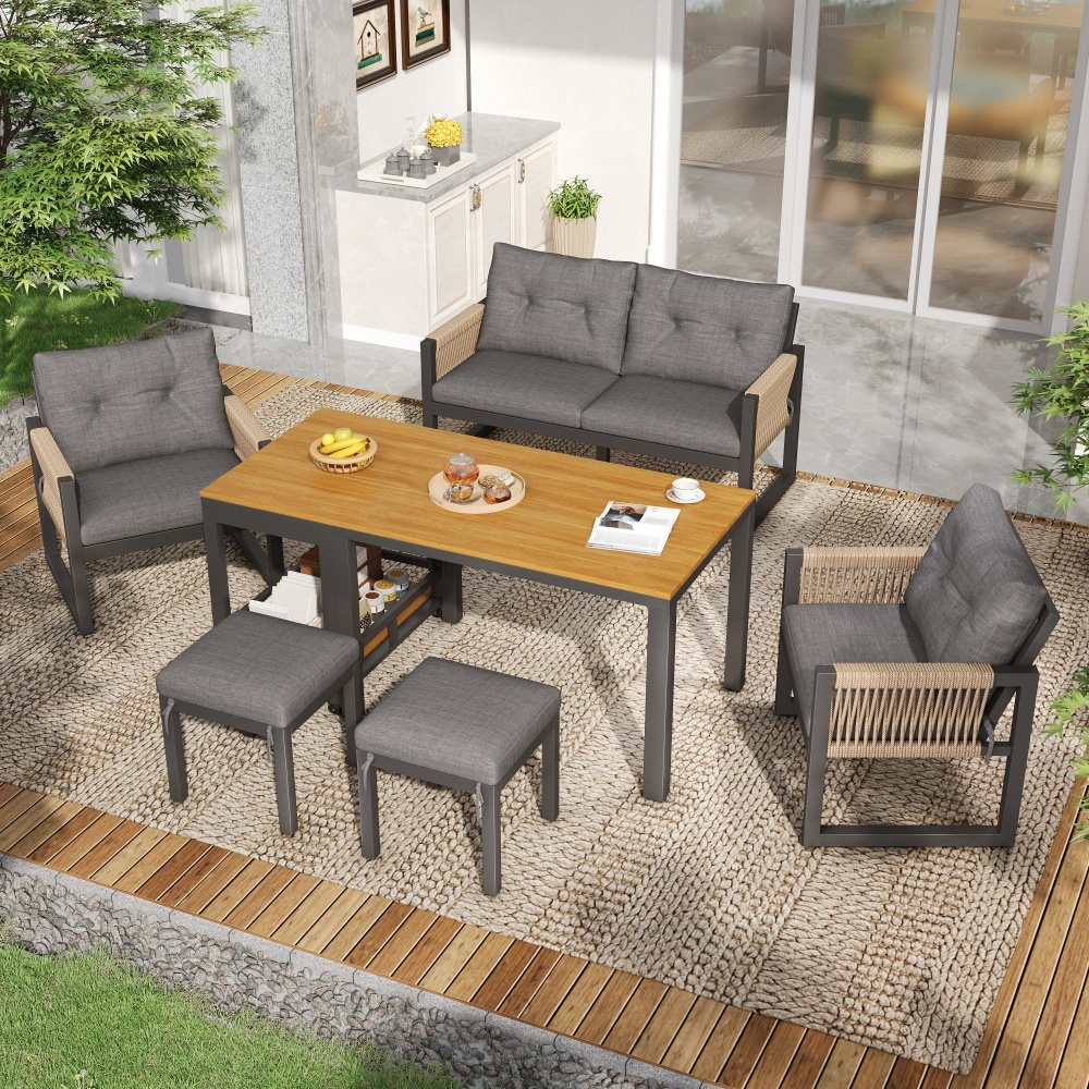 Conjunto jardim modular 6 lugares mesa amovível ferro cinzento natural