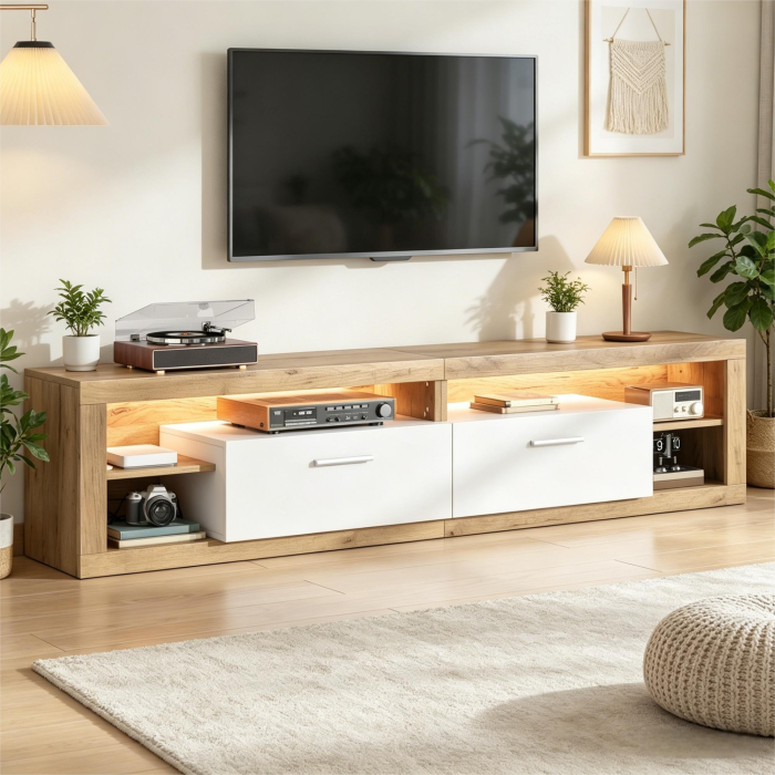 Móvel de tv natural com LED e 2 gavetas 50x180x35,5cm