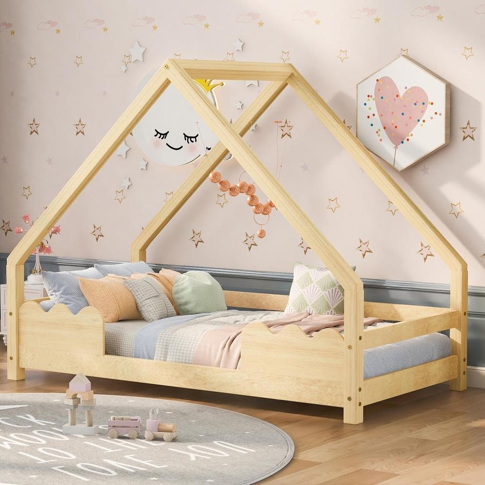 Cama casinha infantil 90x200cm madeira maciça com barreira, natural