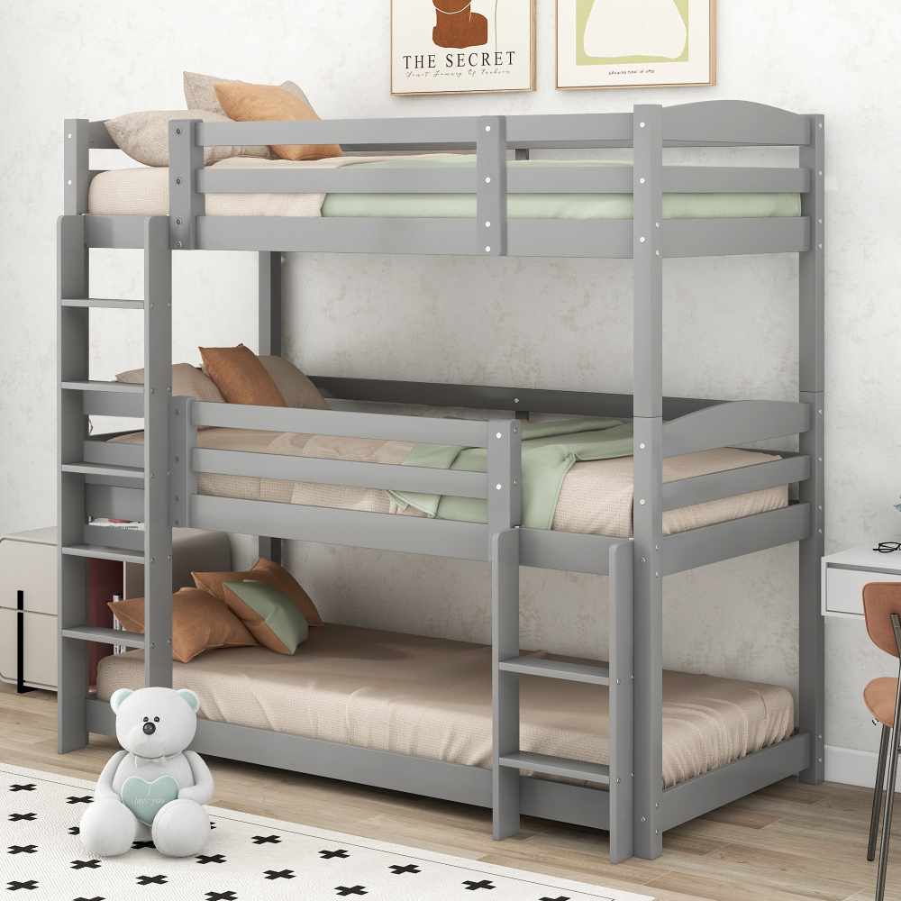 Cama tripla 90x200cm em madeira com duas escadas cinzento