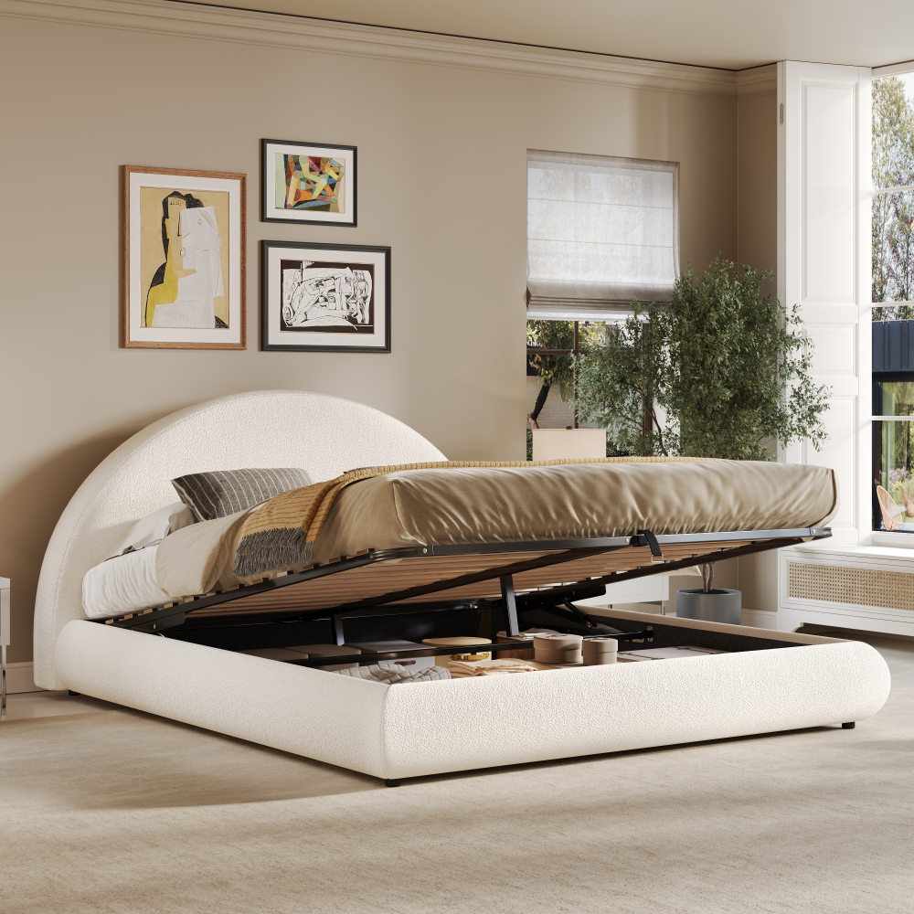 Cama de casal 180x200cm com arrumação hidráulica bouclé branco