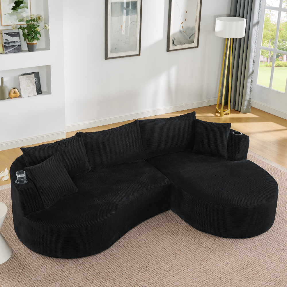Sofá 3 lugares chaise longue direita tecido canelado preto porta-copos