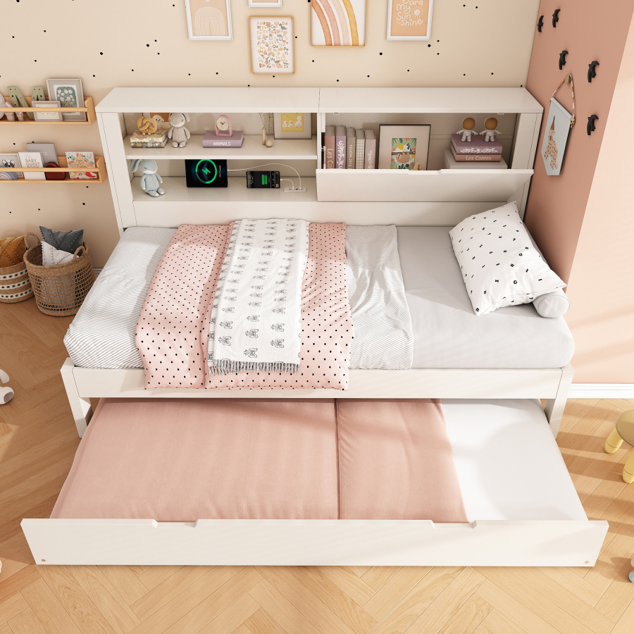 Sofá-cama individual em madeira branco 90x200 cm com cama inferior e usb