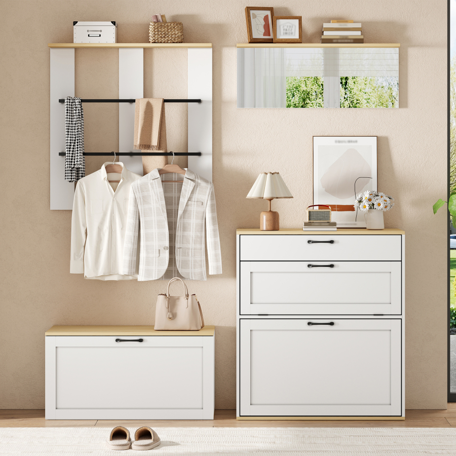 Armário de entrada modular branco e madeira 176x156x36cm