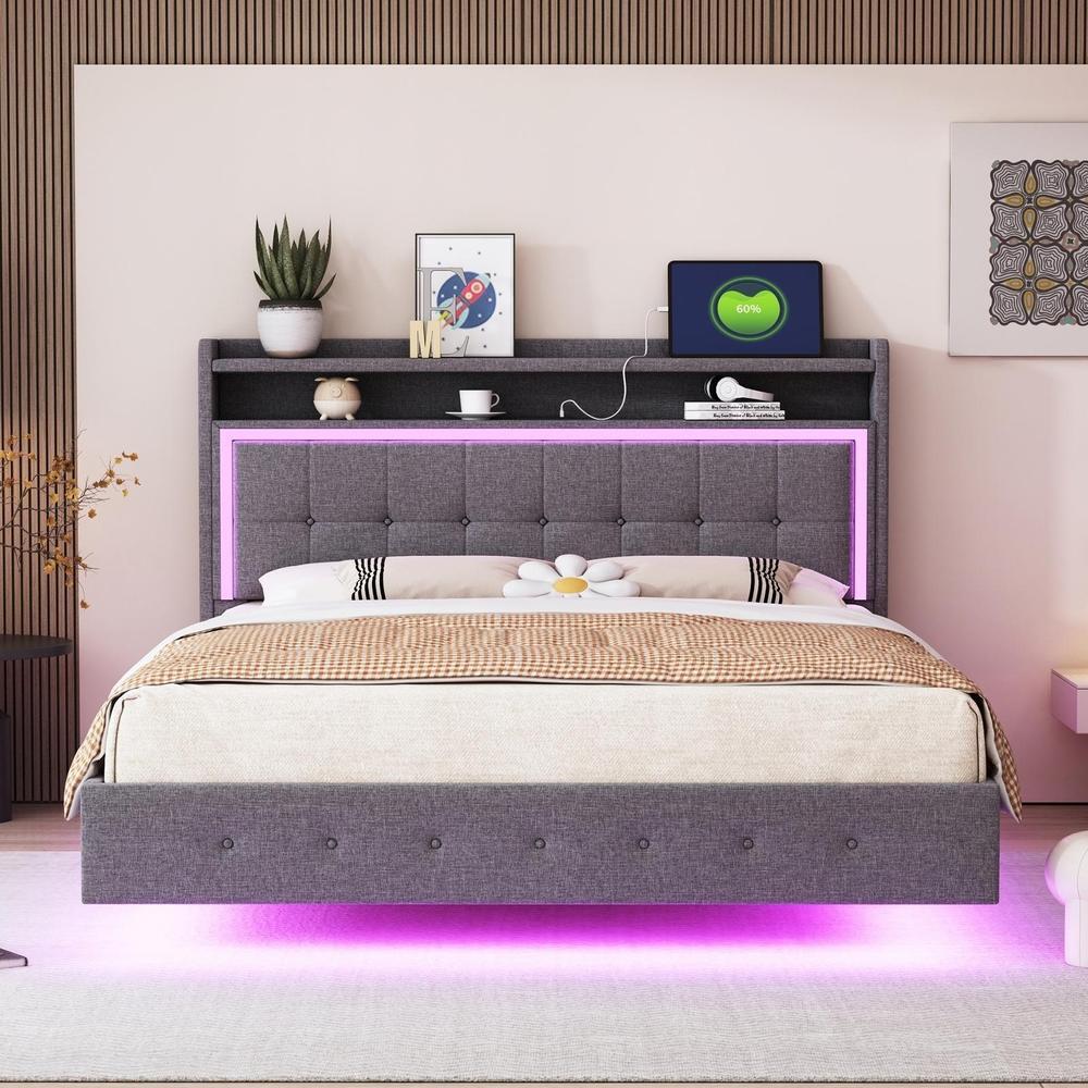 Cama de casal 140x200cm cinzenta com usb,luz LED e cabeceira regulável
