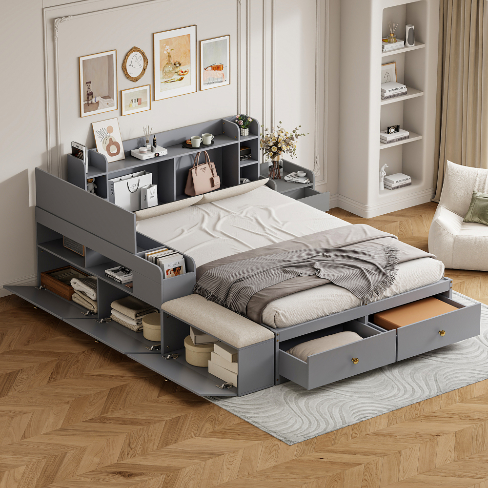 Cama de casal 140x200cm com arrumação cabeceira estofada madeira cinzento