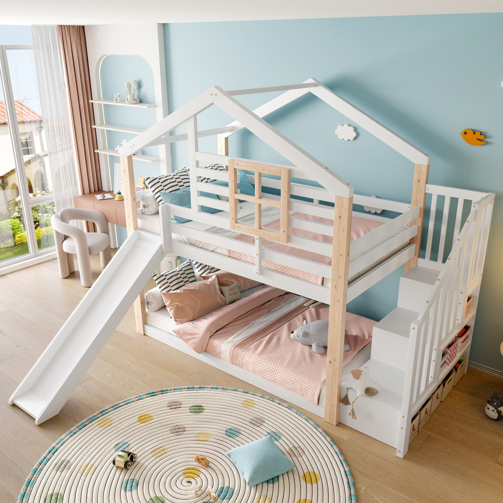 Beliche casinha 90x200cm com escorrega e arrumação madeira – branco
