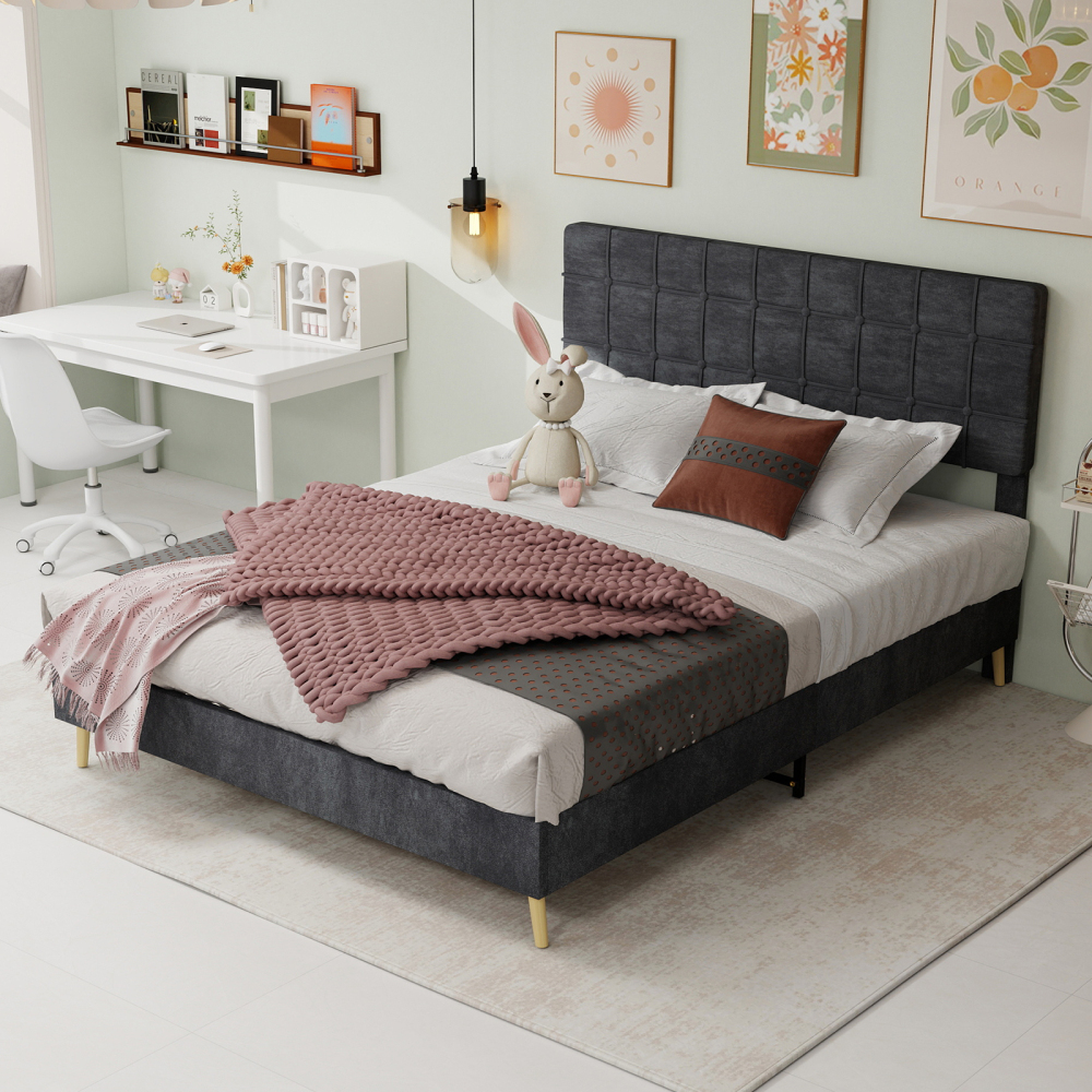Cama de casal 160x200cm com cabeceira estofada veludo – cinzento