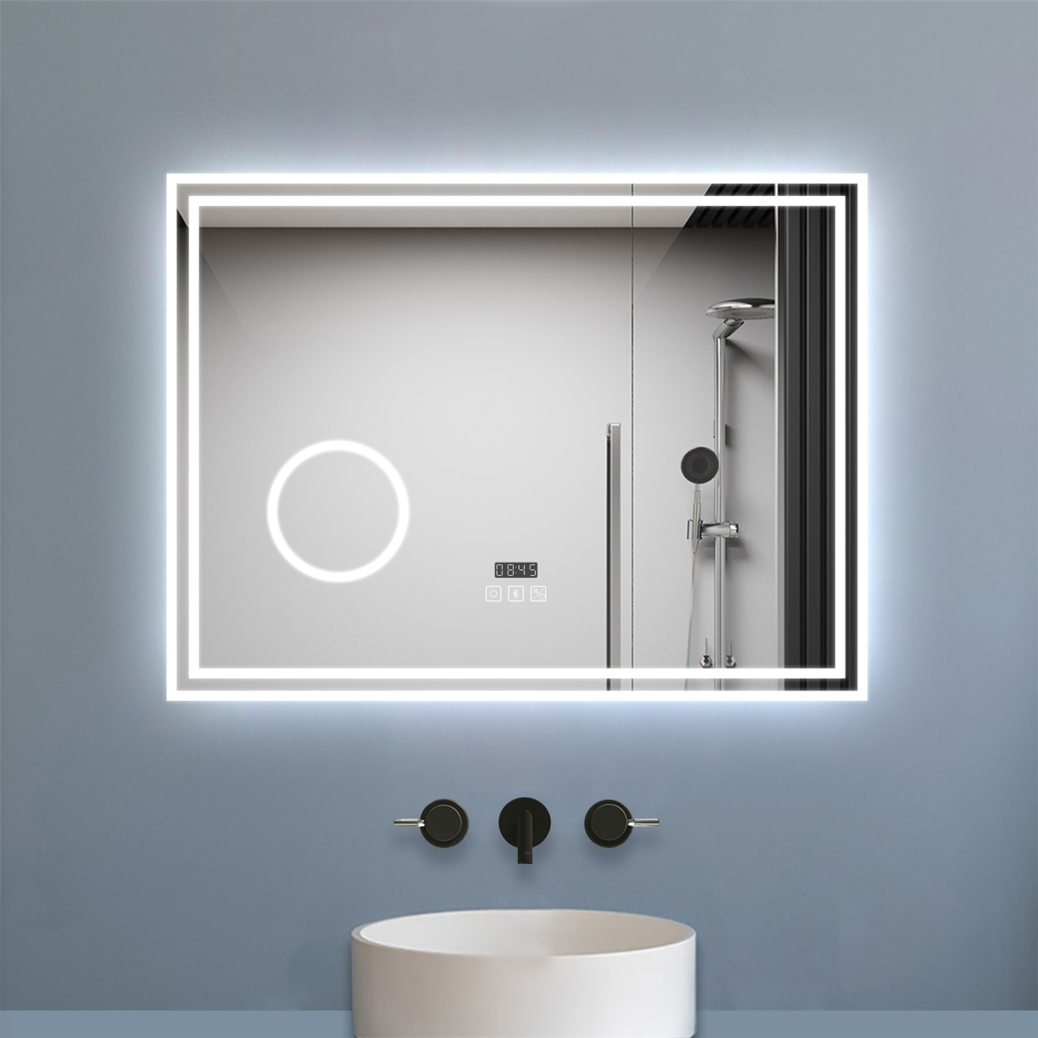 Aica espelho de casa de banho LED 80×60 cm,relógio,lupa,bluetooth