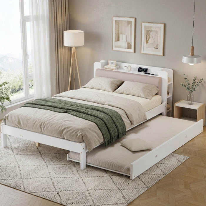 Cama de madeira 120x200cm cama auxiliar cabeceira acolchoada branco