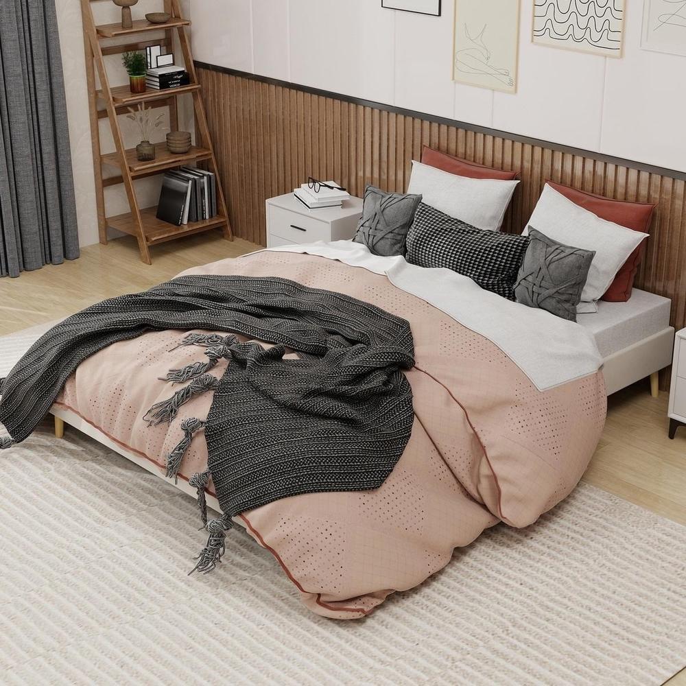 Cama 160x200cm de design baixo com estrado de ripas, cor bege