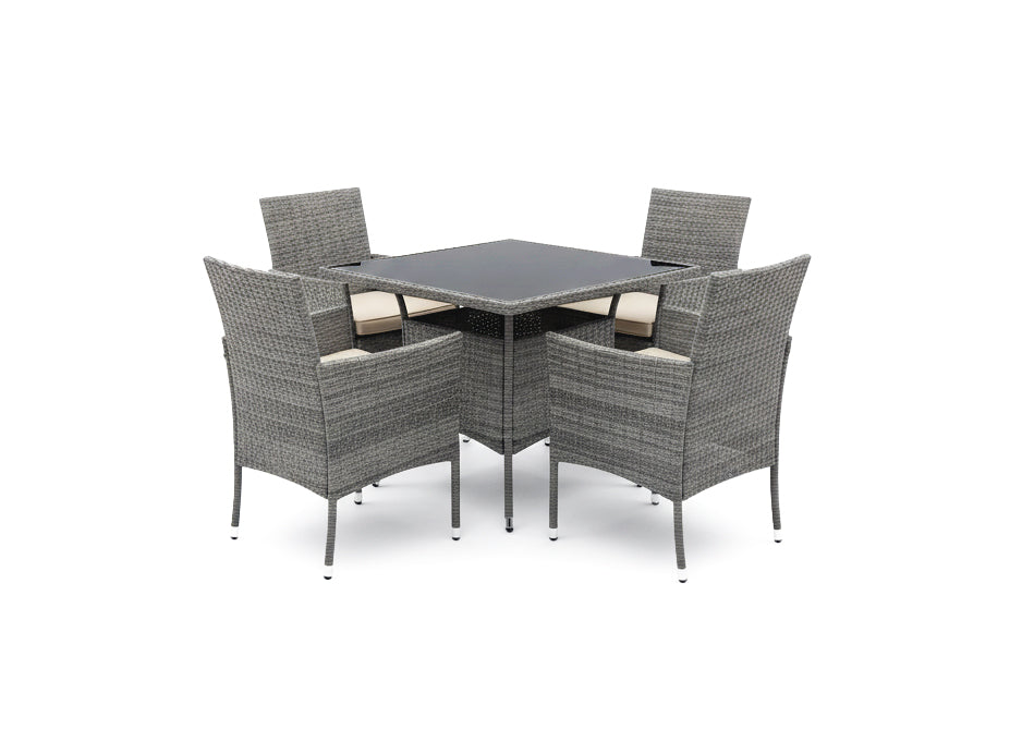 Conjunto de mesa quadrada + 4 cadeiras em rattan pe. Mobiliário para
