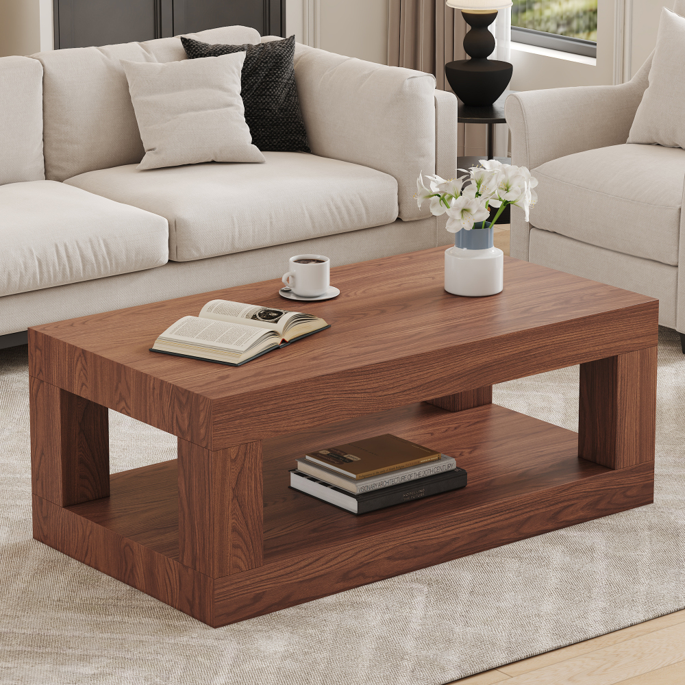 Mesa de centro retangular com duas prateleiras mdf nogueira 28x104x65cm