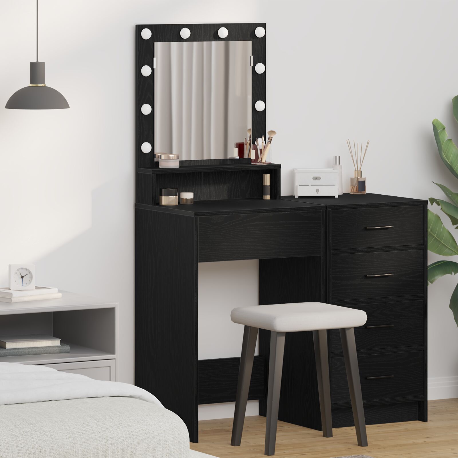 Mesa de maquiagem com luzes LED em carvalho preto 50x41x135 cm wf313355