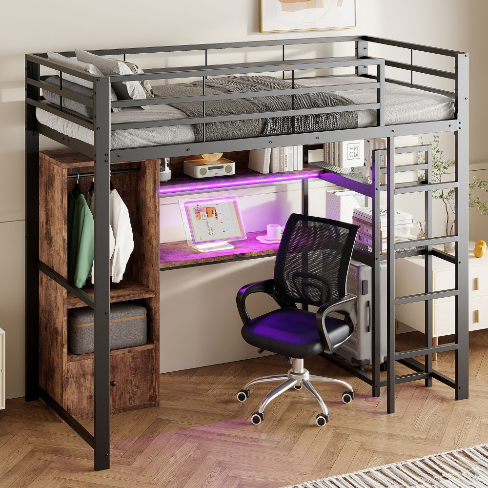 Cama alta 90x200cm com LED escritorio e arrumacao metal e mdf preto