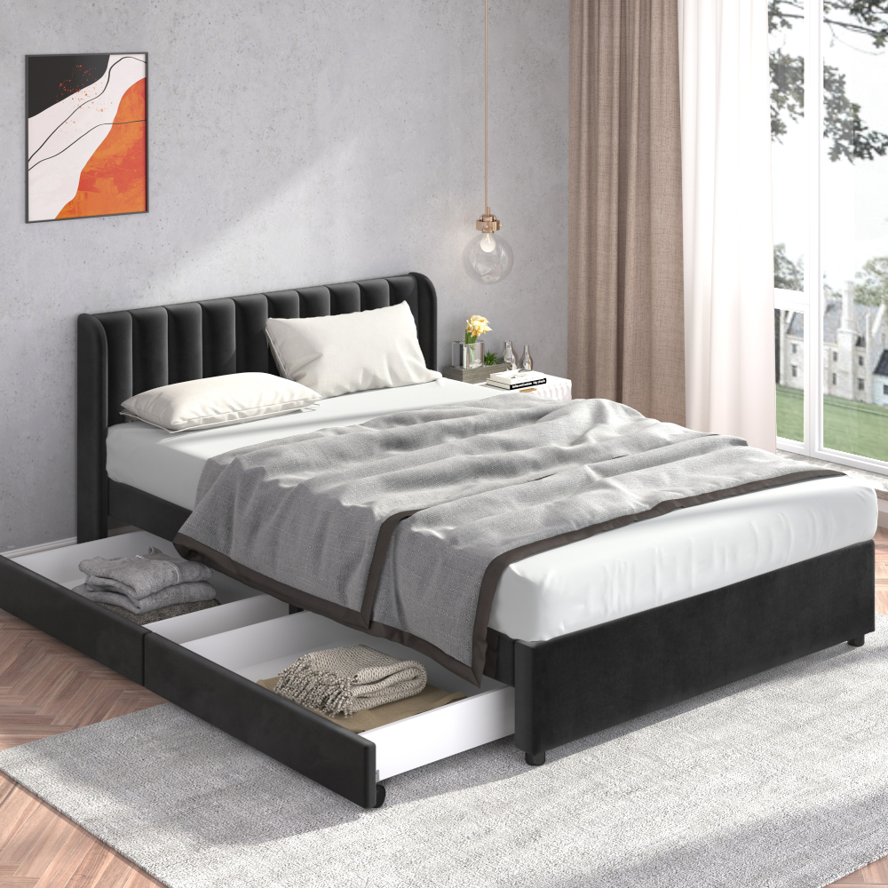 Cama de veludo 160x200cm com arrumação e 2 gavetas preto
