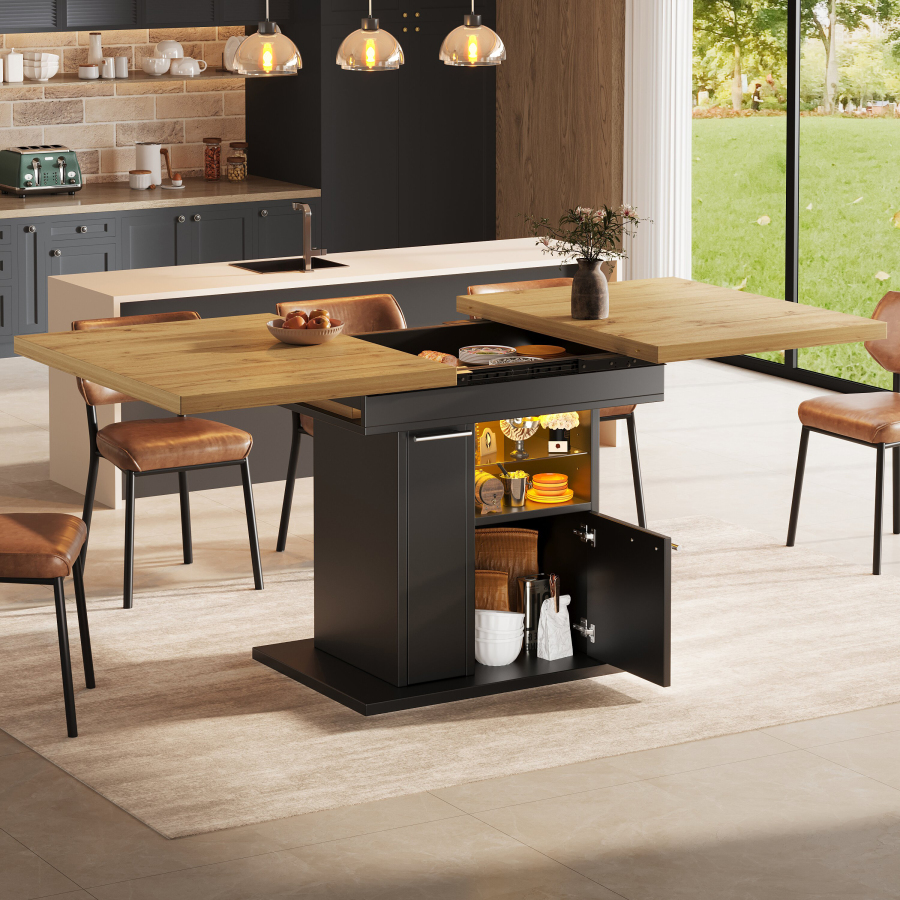 Mesa de comedor extensible con almacenaje y LED negro 77,2x140x80cm