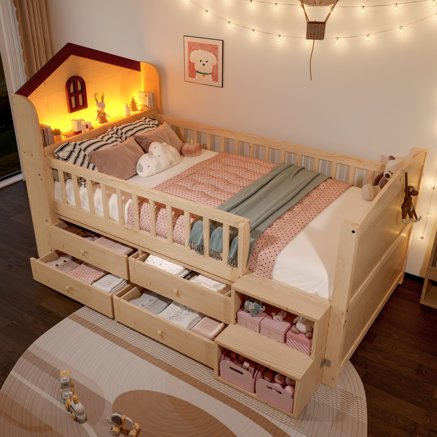 Cama infantil 90x200cm casa com arrumação pinho – natural