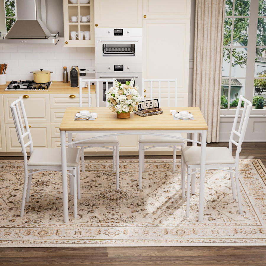 Mesa e cadeiras de jantar 4 lugares industrial branco e natural 110cm